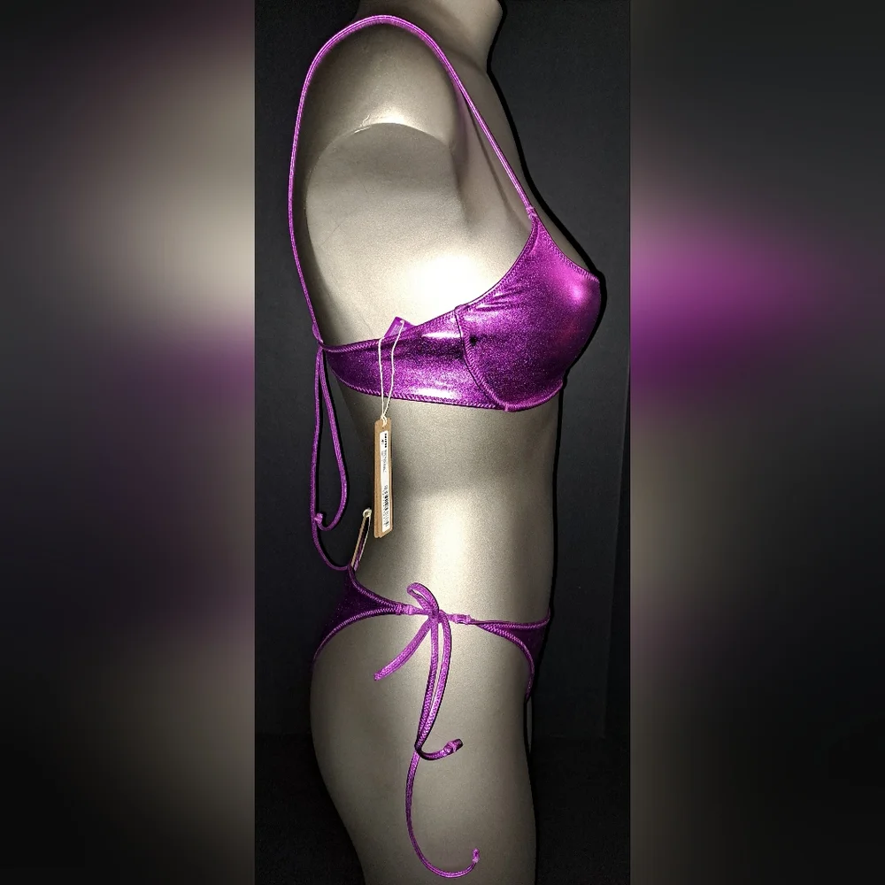 NWT SKIMS 3 Pc SET Metallic Swim Tie Bottoms Bikini Top Shorts DRAGONFRUIT L XL